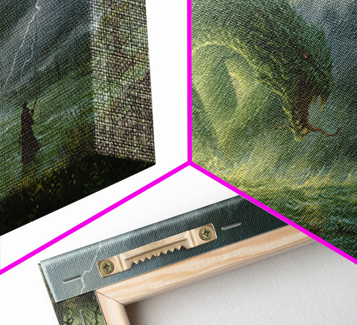 Giant Emerald Serpent In Stormy Marsh Canvas Print, Fantasy Wall Art, Dragon Artwork, Dark Academia Home Decor, Mystical Wall Decor