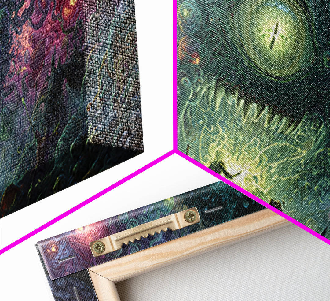 Adventurers Facing Cosmic Portal Monster Canvas Print, Surreal Fantasy Wall Art, Lovecraftian Game Room Decor Gift For Him