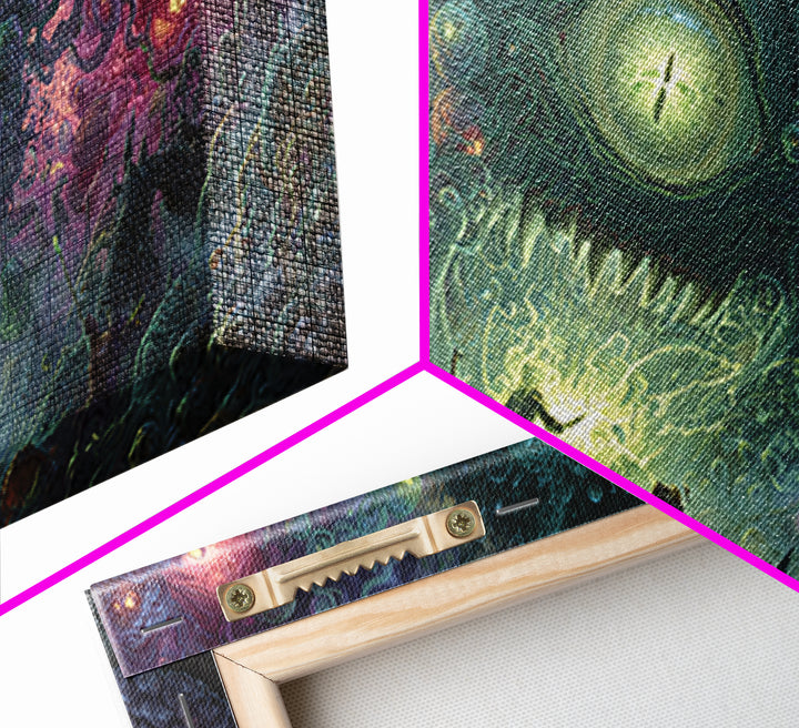 Adventurers Facing Cosmic Portal Monster Canvas Print, Surreal Fantasy Wall Art, Lovecraftian Game Room Decor Gift For Him