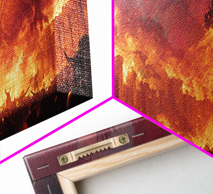 Fire Dragon Attacking Burning Castle City Framed Canvas Print, Dark Fantasy Wall Art, Medieval Battle Home Decor Gift For Him
