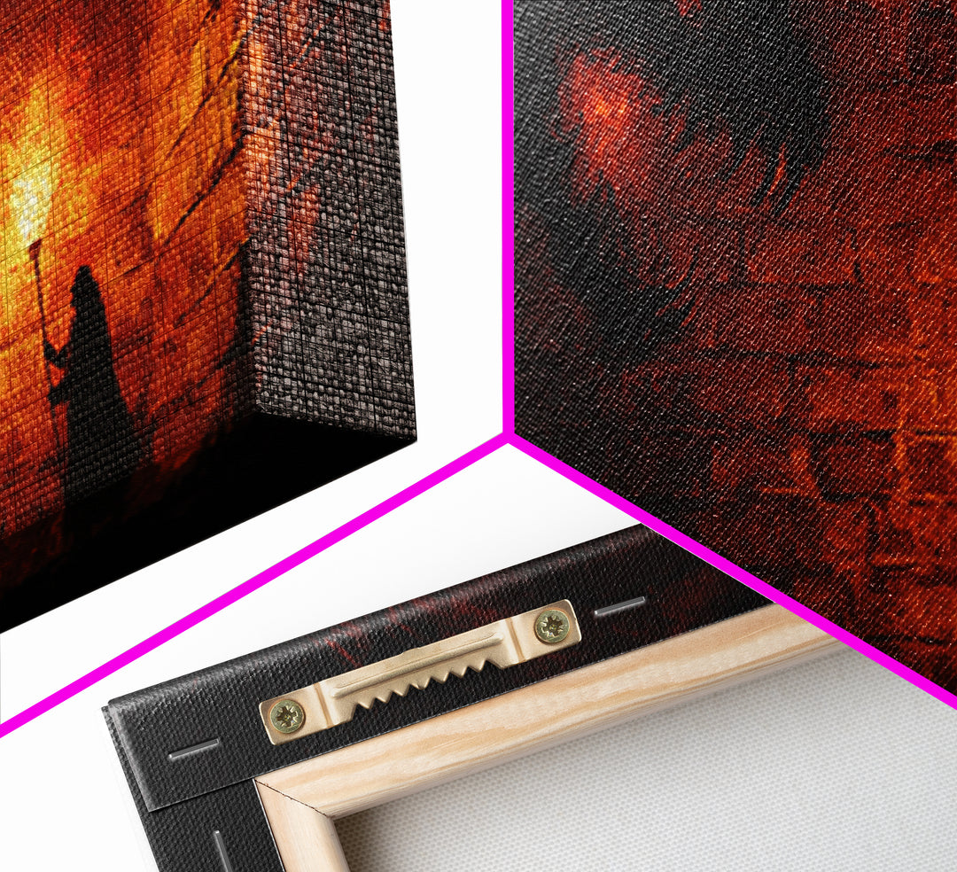 Cloaked Figure With Torch Facing Dungeon Beast Canvas Print, Gothic Wall Art, Dark Fantasy Creepy Horror Decor Gift For Him