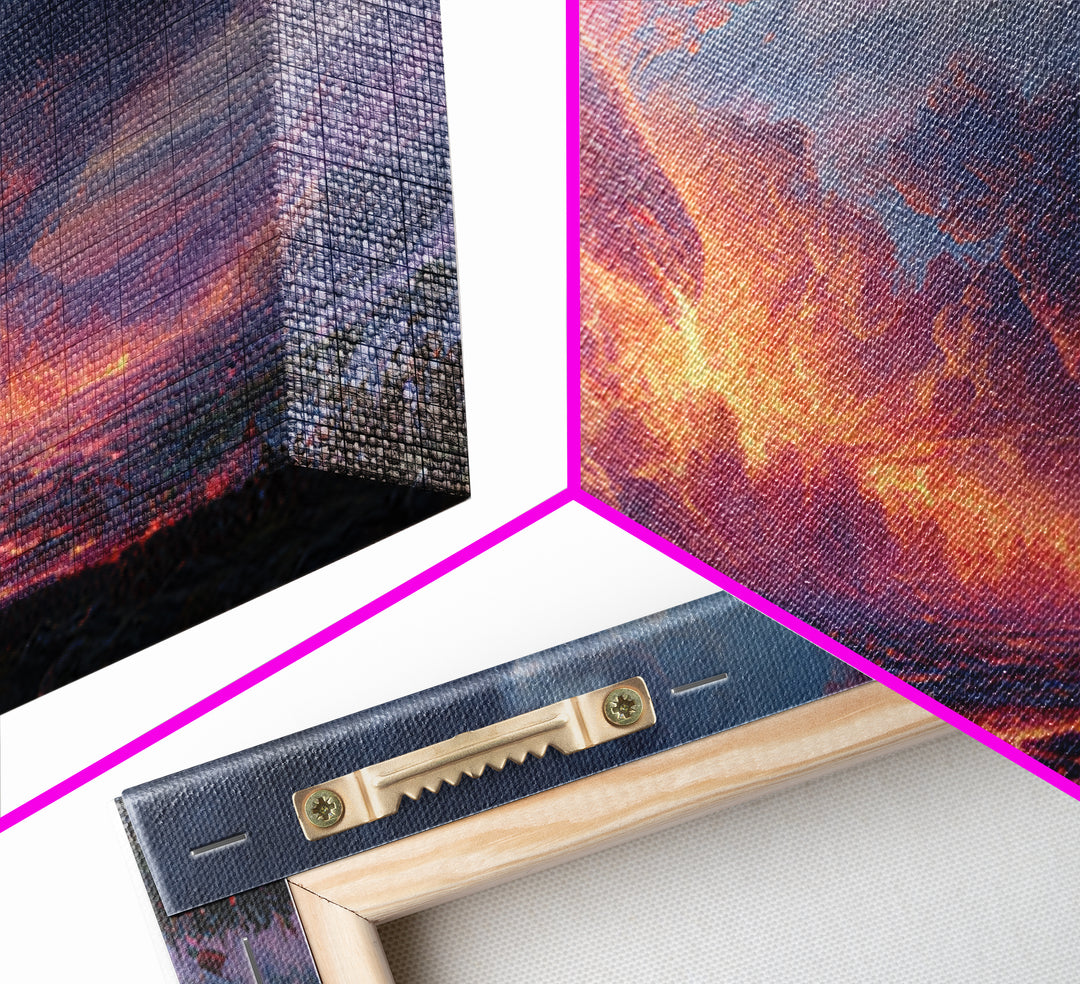 Glowing Lava Dragon Above Volcanic Valley Framed Canvas Print, Fantasy Landscape Wall Art, Dramatic Game Room Decor Gift For Him