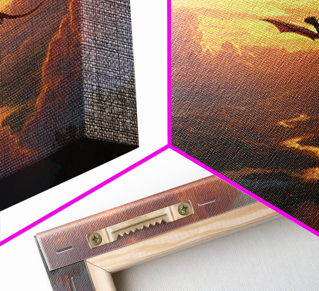 Sunset Dragon Over Golden River Valley Canvas Print, Fantasy Landscape Wall Art, Epic Castle Decor, Large Panoramic Artwork