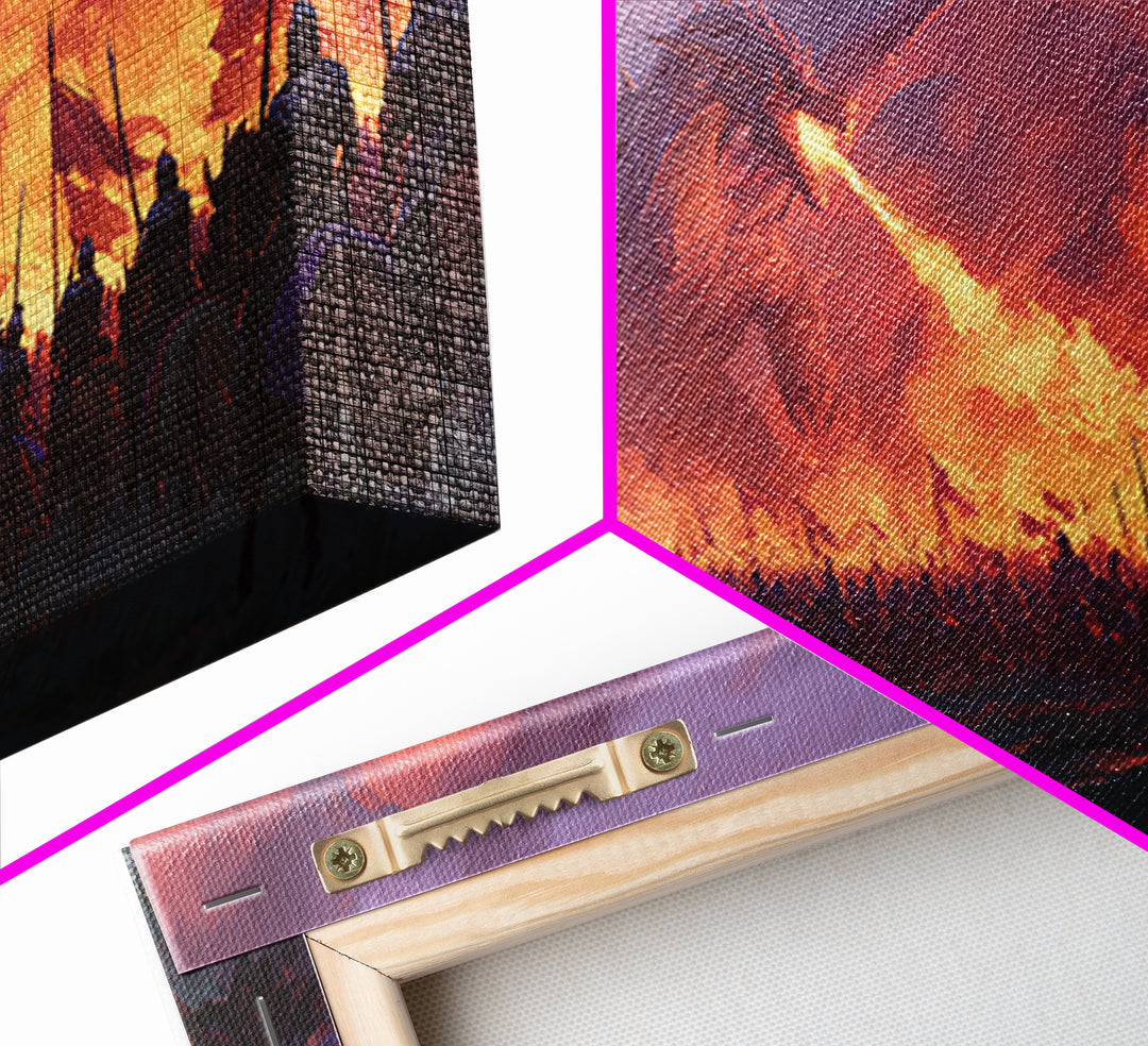 Fire Breathing Dragon Battlefield Canvas Print, Dark Fantasy Wall Art, Medieval Castle Decor, Epic Warrior Battle Scene Artwork