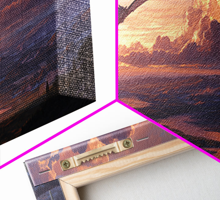Black Dragon Gliding Above Sunset Kingdom Framed Canvas Print, Fantasy Landscape Wall Art, Castle Lake Decor, Epic Wall Decor