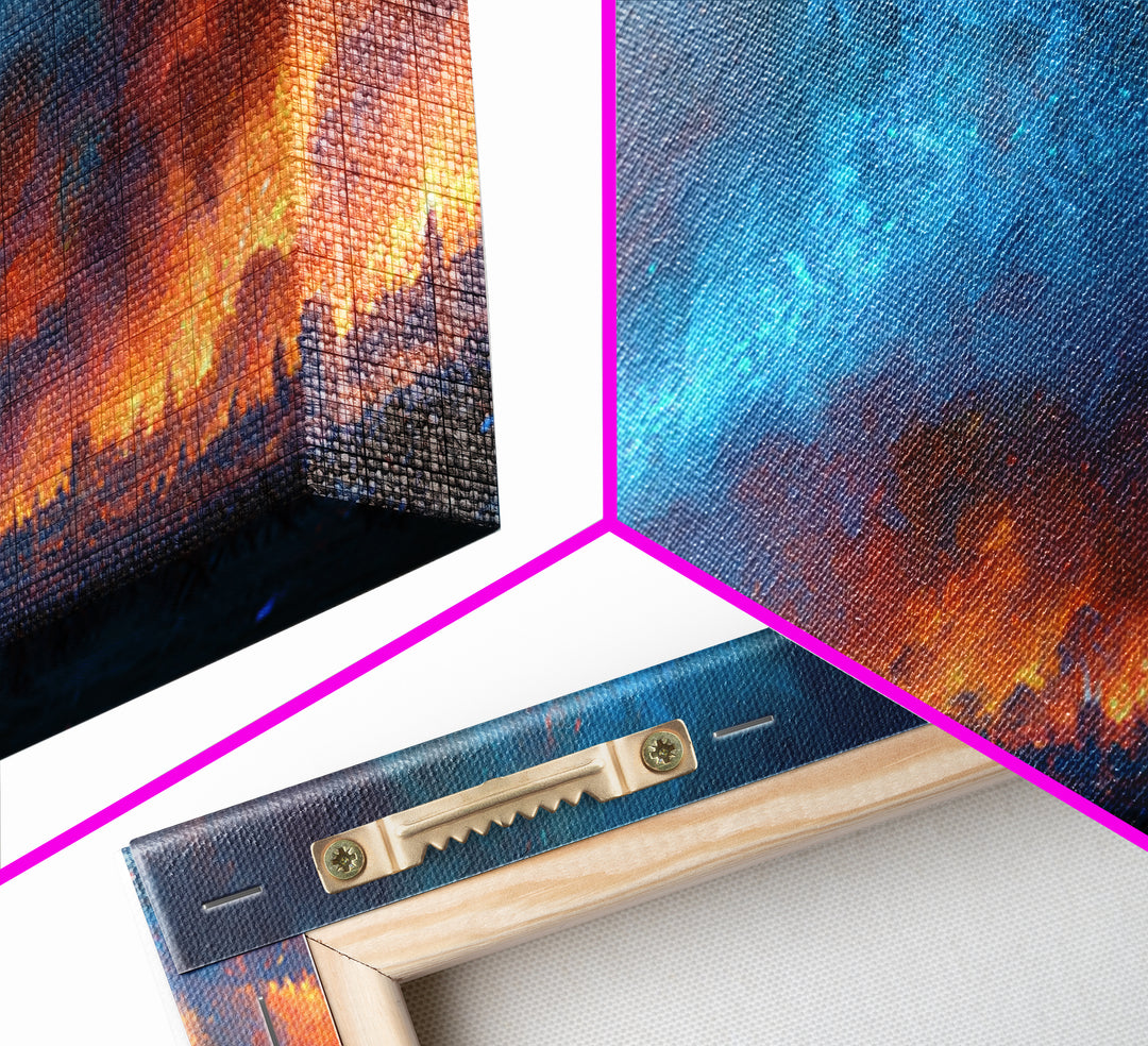 Blue Fire Dragon Over Burning Battlefield Canvas Print, Dark Fantasy Wall Art, Epic War Decor, Large Medieval Battle Artwork