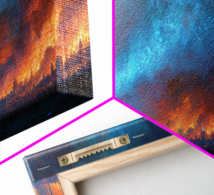 Blue Fire Dragon Over Burning Battlefield Canvas Print, Dark Fantasy Wall Art, Epic War Decor, Large Medieval Battle Artwork