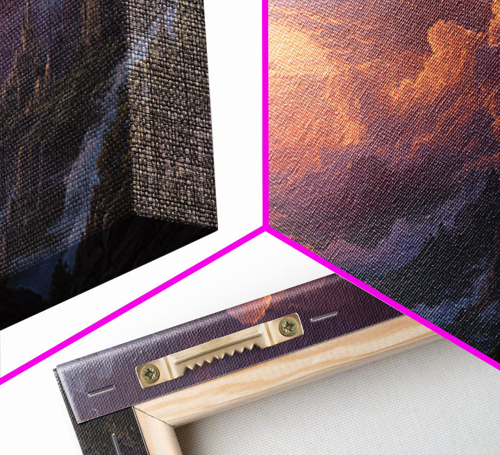 Cloaked Wizard Over Misty Castle Valley Framed Canvas Print, Fantasy Landscape Wall Art, Gothic Mountain Decor, Epic Artwork