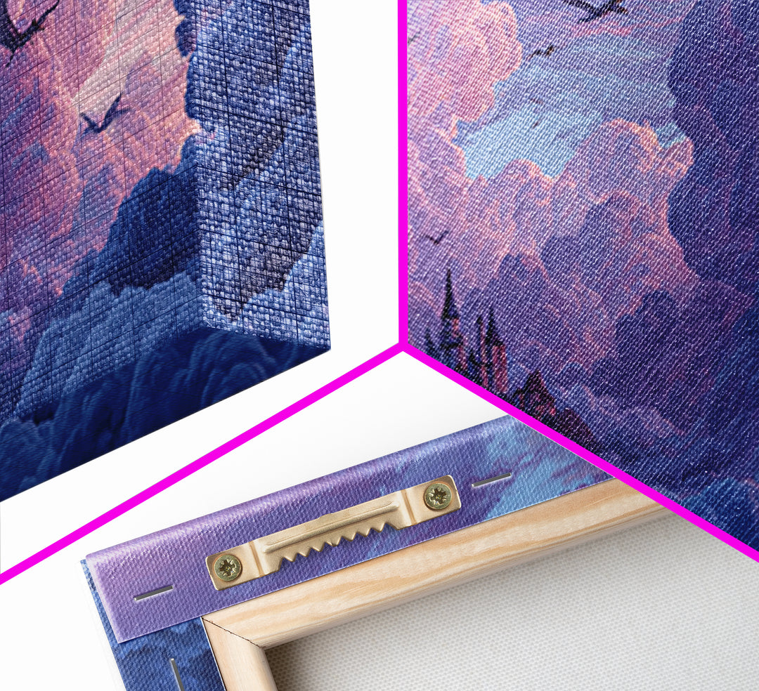 Dragons Soaring Through Lavender Clouds Canvas Print, Whimsical Fantasy Wall Art, Floating Castle Decor, Dreamy Sky Artwork
