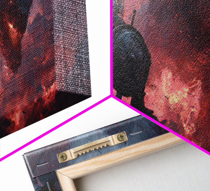 Lone Warrior Facing Shadow Dragon Framed Canvas Print, Dark Fantasy Wall Art, Gothic Battle Decor, Epic Medieval Artwork