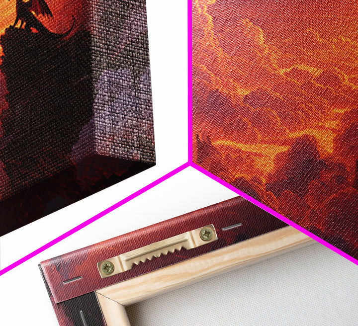 Lone Dragon On Cliff At Fiery Sunset Wall Art, Epic Fantasy Landscape, Medieval Castle Decor, Dramatic Canvas Print Gift