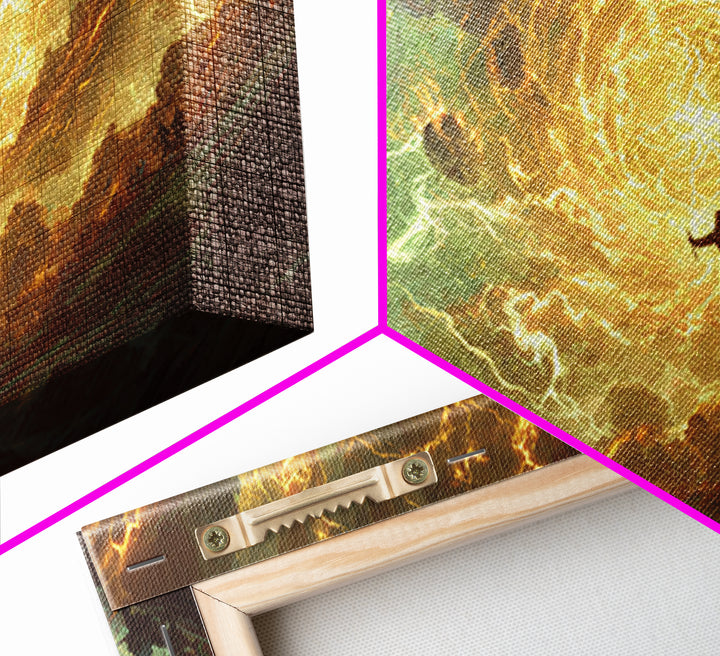Soaring Wizards And Golden Magic Portal Wall Art, Mystical Fantasy Landscape, Spellcaster Canvas Print, Gaming Room Decor