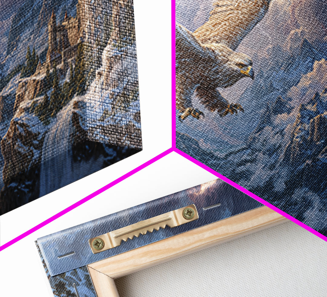 Giant Eagle Over Snowy Mountain Castle Framed Canvas Print, Epic Fantasy Landscape Wall Art, Wildlife Decor, Gift For Him