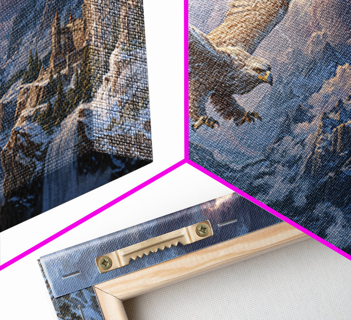 Giant Eagle Over Snowy Mountain Castle Framed Canvas Print, Epic Fantasy Landscape Wall Art, Wildlife Decor, Gift For Him