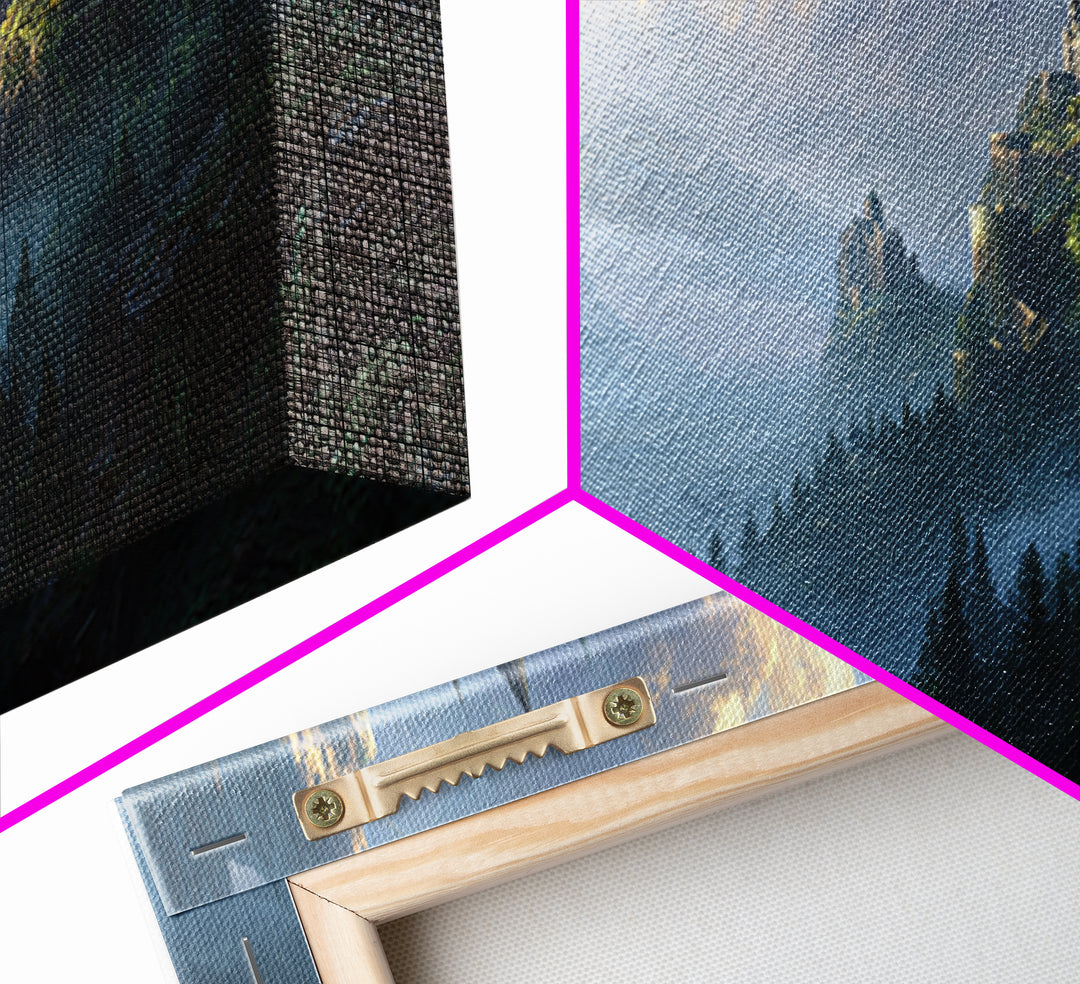 Misty Mountain Castle Above Forest Valley Framed Canvas Print, Fantasy Landscape Wall Art, Large Medieval Home Decor Housewarming Gift