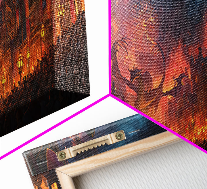 Fiery Dragon Festival In Grand City Wall Art, Dark Fantasy Canvas Print, Maximalist Decor, Gaming Room Poster Gift For Him