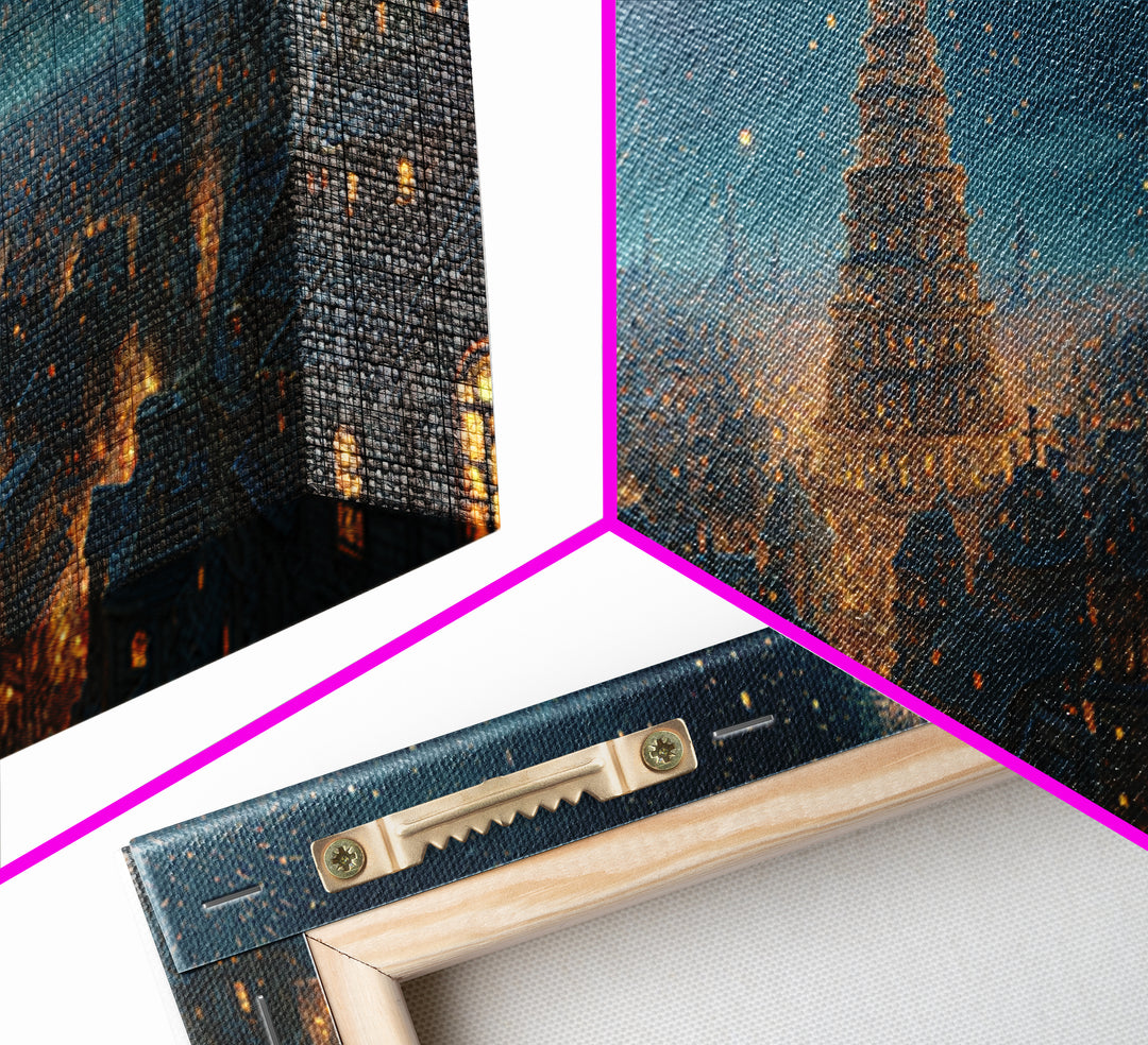Starry Winter City With Towering Yule Tree Framed Canvas Print, Fantasy Wall Art, Holiday Decor, Magical Christmas Wall Decor Gift