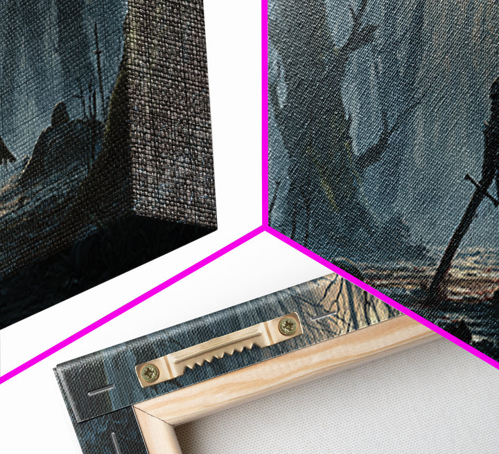 Lone Knight In Haunted Swamp Forest Wall Art, Dark Fantasy Canvas Print, Gothic Decor, Moody Medieval Home Decor Gift For Him