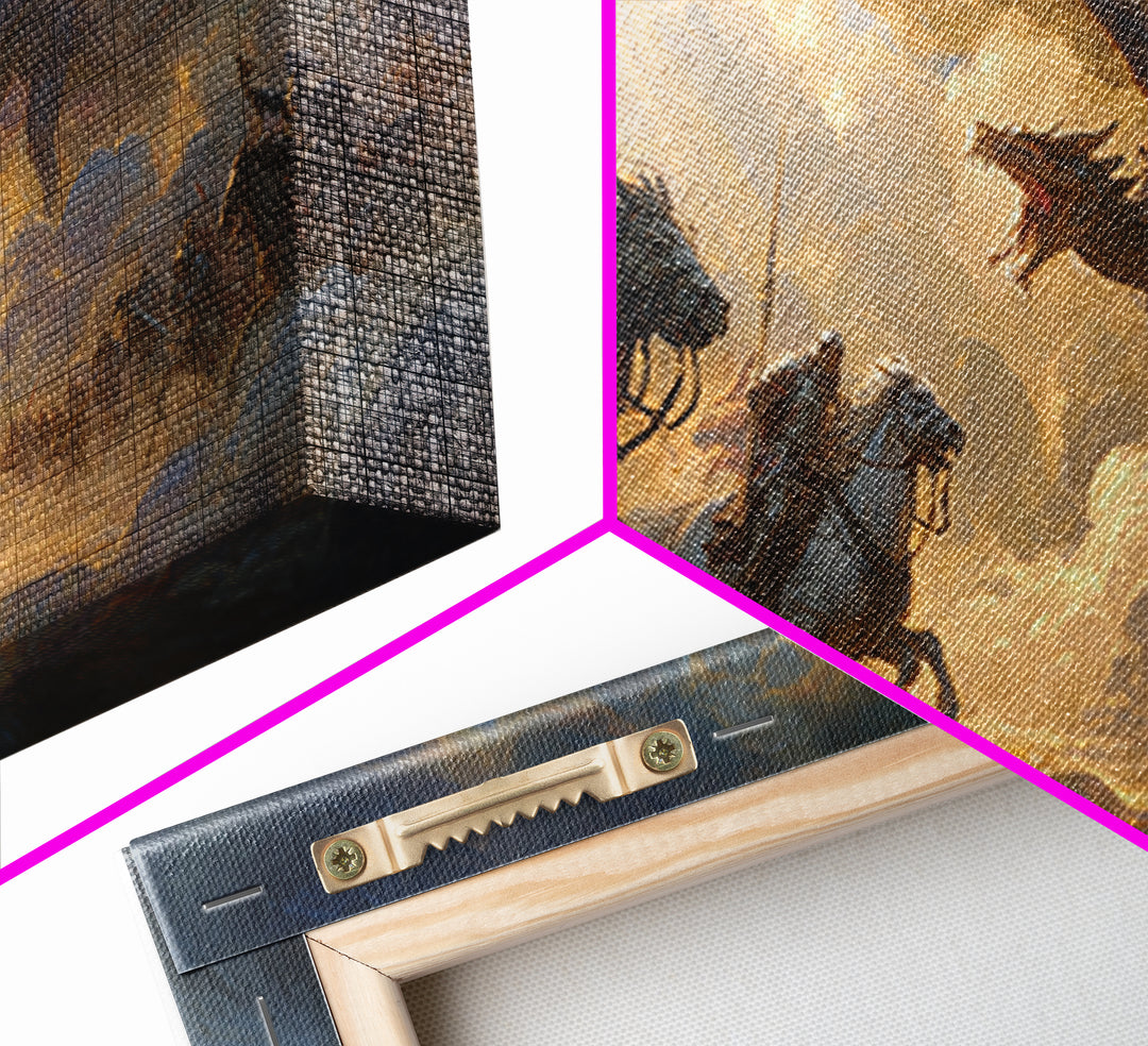 Knights Charging Toward Dragon In Stormy Sky Canvas Print, Epic Fantasy Wall Art For Gamer Room And Medieval Home Decor Gift