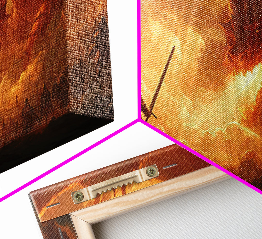 Lone Swordsman Facing Fire Dragon Wall Art, Dark Fantasy Canvas Print For Medieval Decor, Gamer Room, And Unique Gift For Him