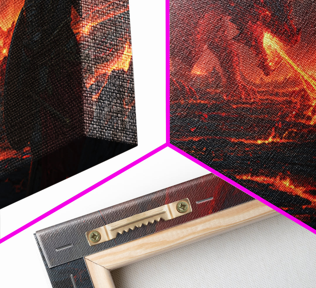 Armored Knights Facing Lava Dragon Canvas Print, Dark Fantasy Wall Art For Medieval Gaming Room And Dramatic Home Decor Gift