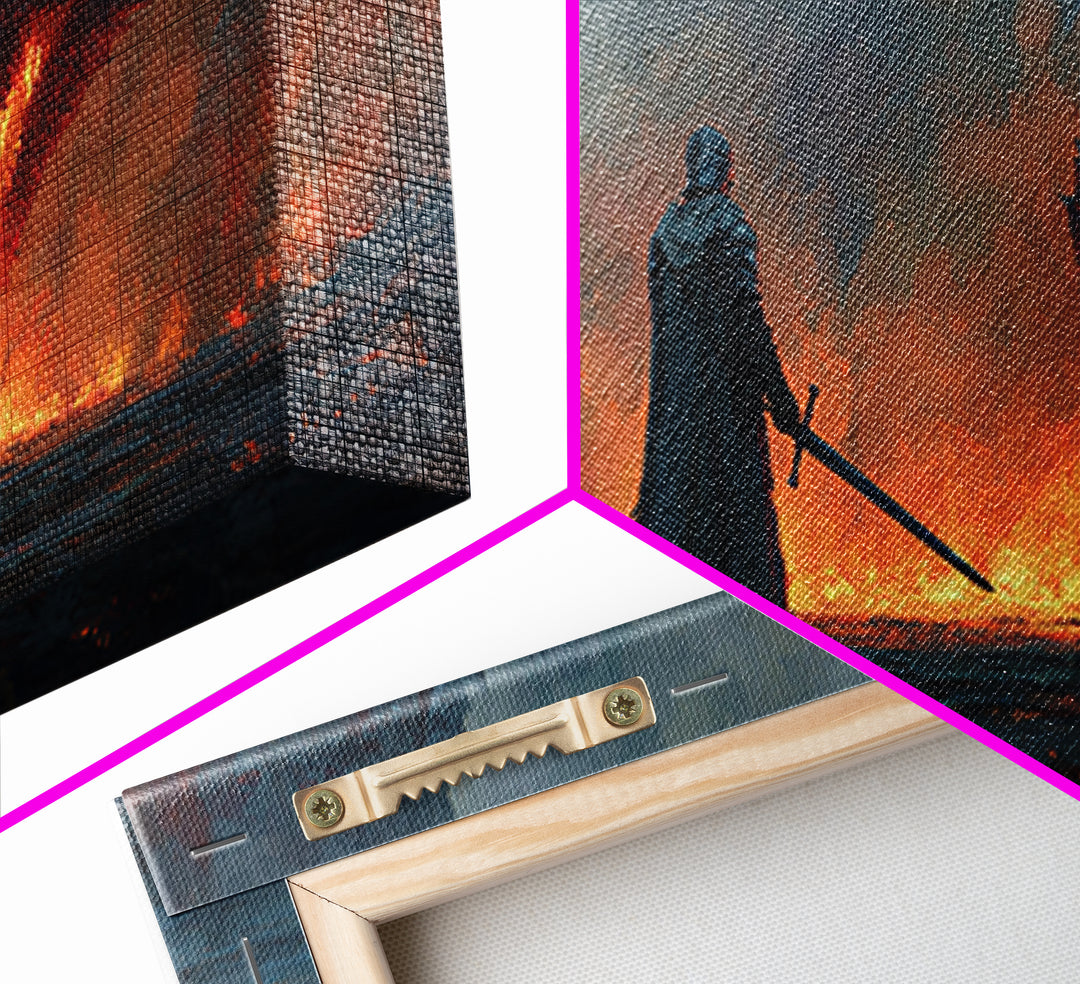 Cloaked Warrior Facing Blue Dragon Canvas Print, Moody Dark Fantasy Wall Art For Gamer Room Decor And Gothic Gift For Him