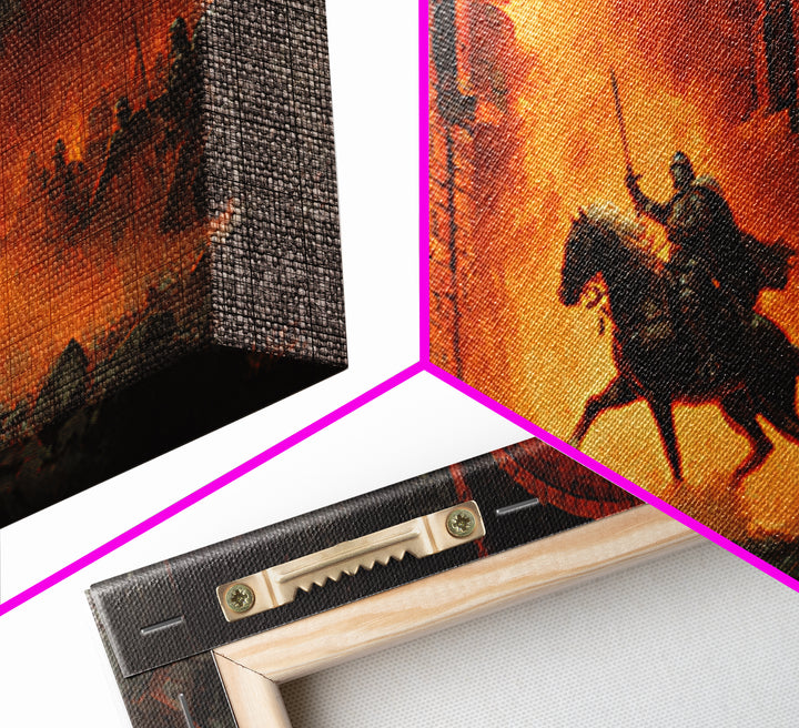 Mounted Knight Riding Through Fiery Gate Wall Art, Medieval Fantasy Canvas Print For Dark Castle Decor And Gamer Gift Idea