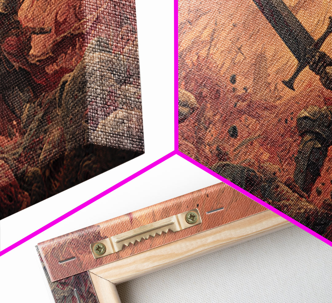 Armored Hero With Giant Sword Wall Art, Surreal Dark Fantasy Canvas Print For Monster Battle Decor And Gothic Gamer Gift