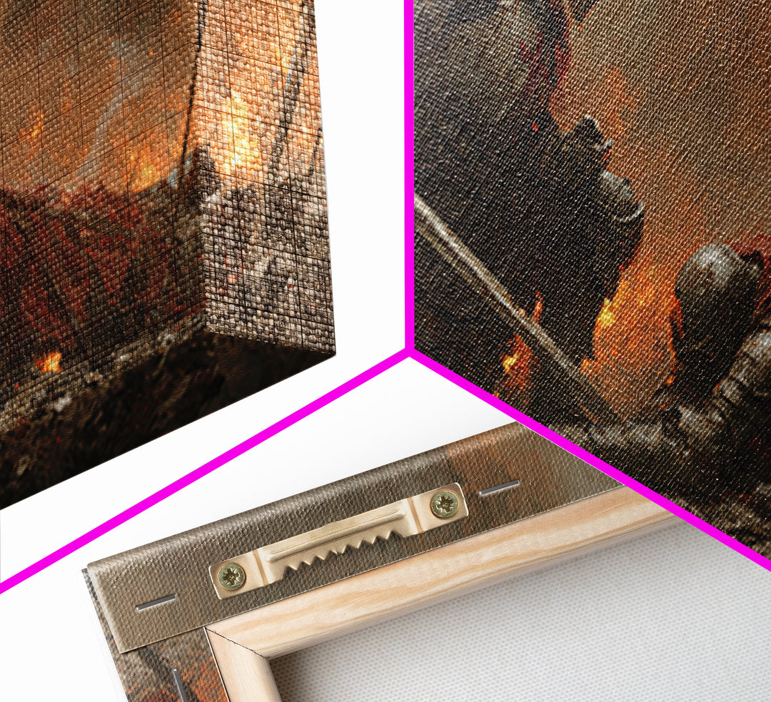 Armored Knight Lifting Fallen Warrior Framed Canvas Print, Dark Fantasy Art, Medieval Battle, Gothic Wall Decor, Gift For Him