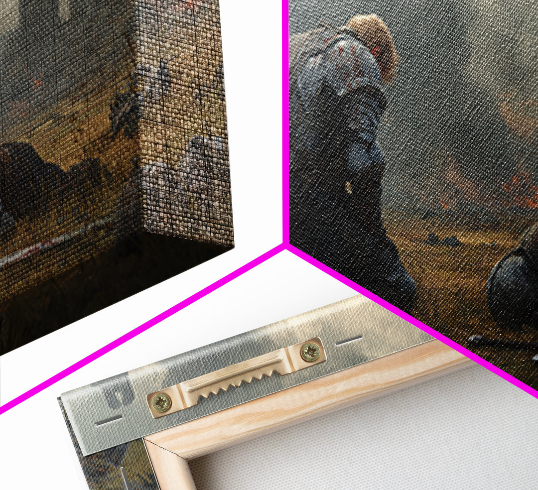 Kneeling Knight Beside Fallen Comrade Wall Art, Dark Fantasy Landscape, Medieval Ruins, Moody Wall Decor, Large Canvas Print