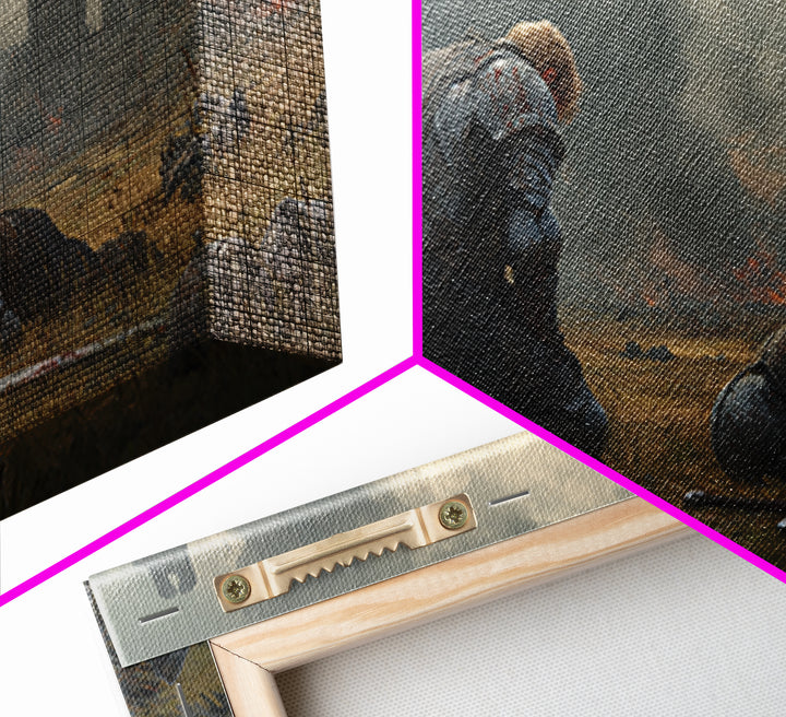 Kneeling Knight Beside Fallen Comrade Wall Art, Dark Fantasy Landscape, Medieval Ruins, Moody Wall Decor, Large Canvas Print