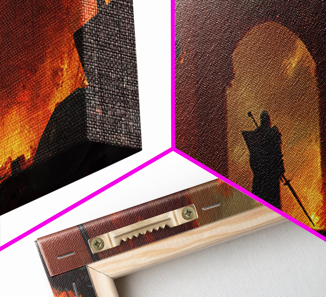 Knight Facing Dragon At Burning Gate Framed Canvas Print, Dark Fantasy Art, Medieval Castle, Gothic Wall Decor, Epic Gift