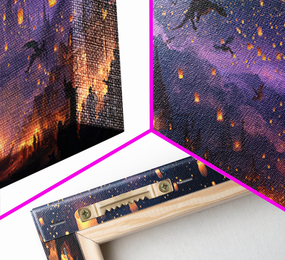 Dragon Lantern Festival Village Canvas Print, Fantasy Wall Art, Whimsical Night Sky Decor, Magical Kids Room Decor Gift Idea