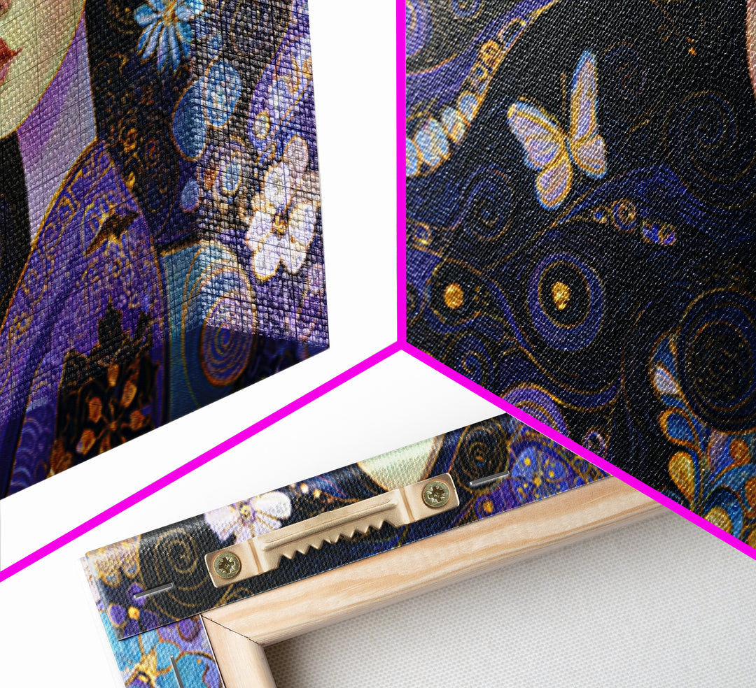 Purple Art Nouveau Woman Wall Art, Feminine Portrait Canvas Print, Butterfly Floral Decor, Gold Boho Gallery Wall Art Print