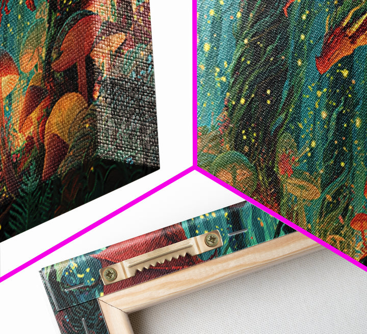 Red Dragon Over Glowing Mushroom Forest Wall Art, Whimsical Fantasy Canvas Print, Enchanted Woodland Kids Room Decor Gift