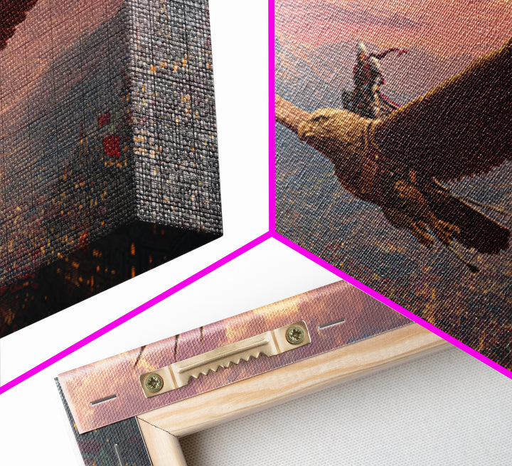Epic Eagle Rider Over Kingdom Wall Art, Fantasy Canvas Print, Mythical Landscape Art For Gamer Room, Study, And Office Decor