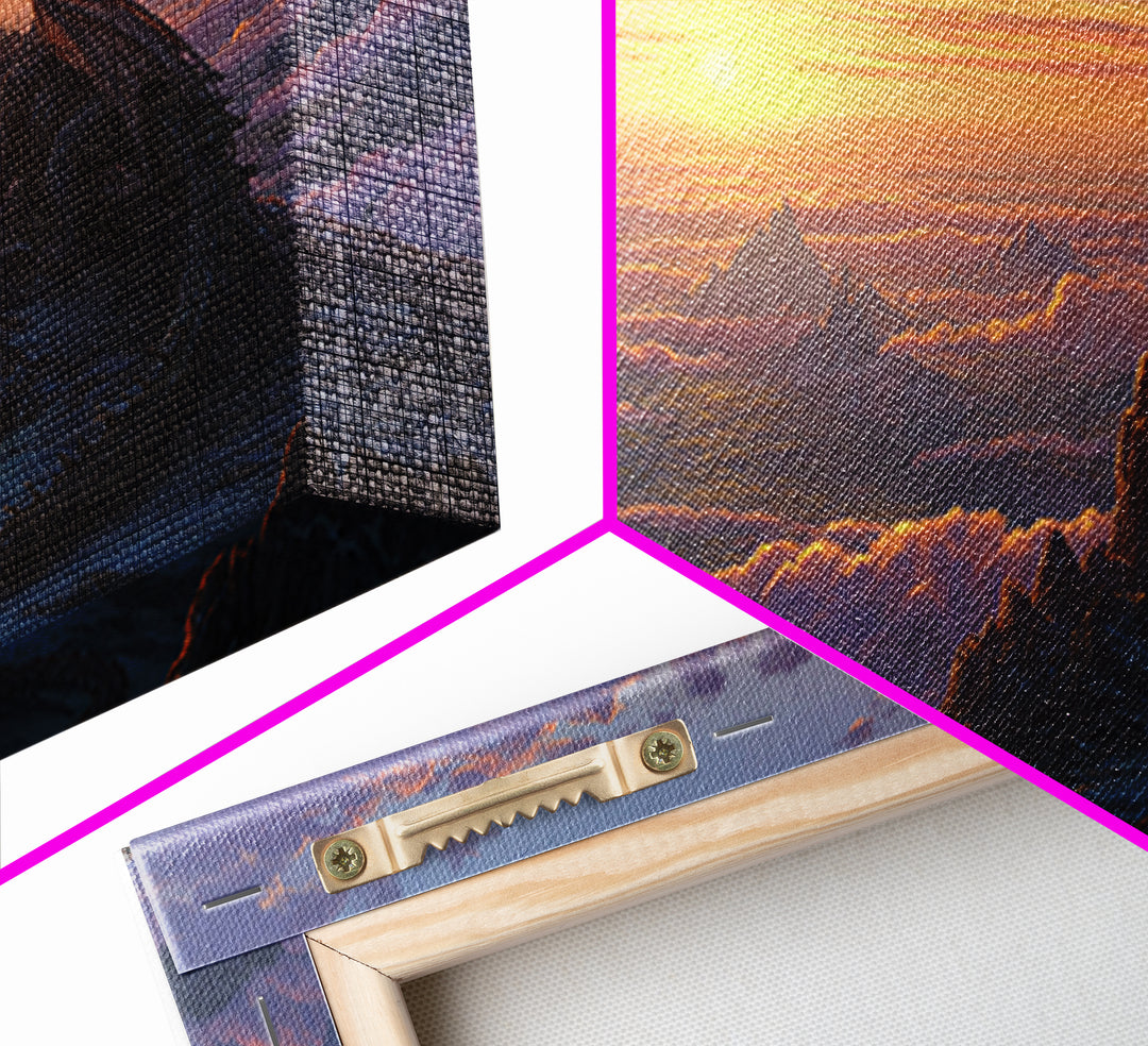 Sunset Dragon Mountain Kingdom Wall Art, Epic Fantasy Landscape Canvas, Medieval Castle Decor, Large Fantasy Art Print Gift