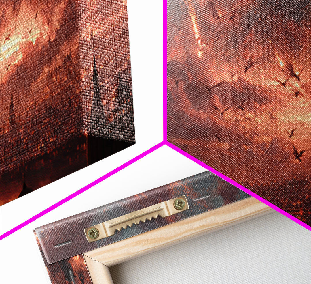 Dragon Siege Over Burning City Canvas Print, Dark Fantasy Wall Art, Gothic Medieval Decor, Epic Game Room Poster Gift For Gamer
