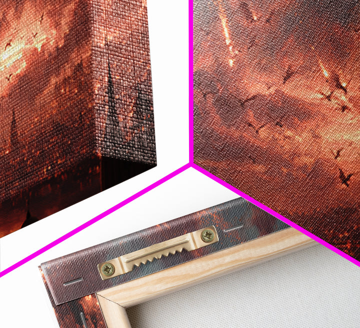 Dragon Siege Over Burning City Canvas Print, Dark Fantasy Wall Art, Gothic Medieval Decor, Epic Game Room Poster Gift For Gamer