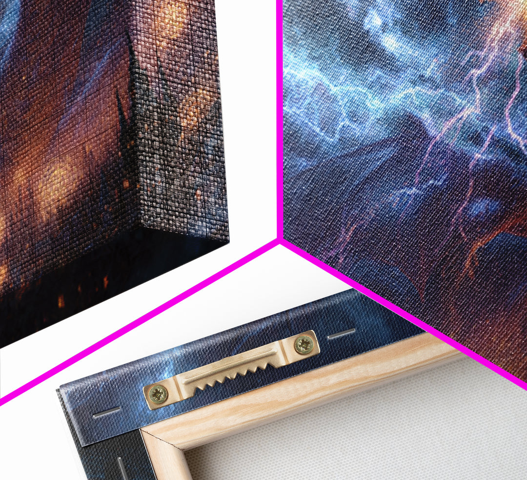Lightning Dragon Over Gothic City Wall Art, Dark Fantasy Canvas, Stormy Castle Decor, Epic Dragon Print, Gamer Gift, Fantasy Decor