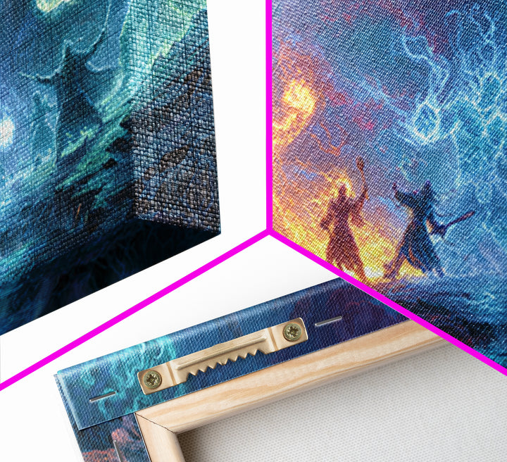 Elemental Dragon Battle Canvas Print, Fire And Ice Fantasy Wall Art, Epic Magic Warrior Decor, RPG Gamer Room Gift For Him