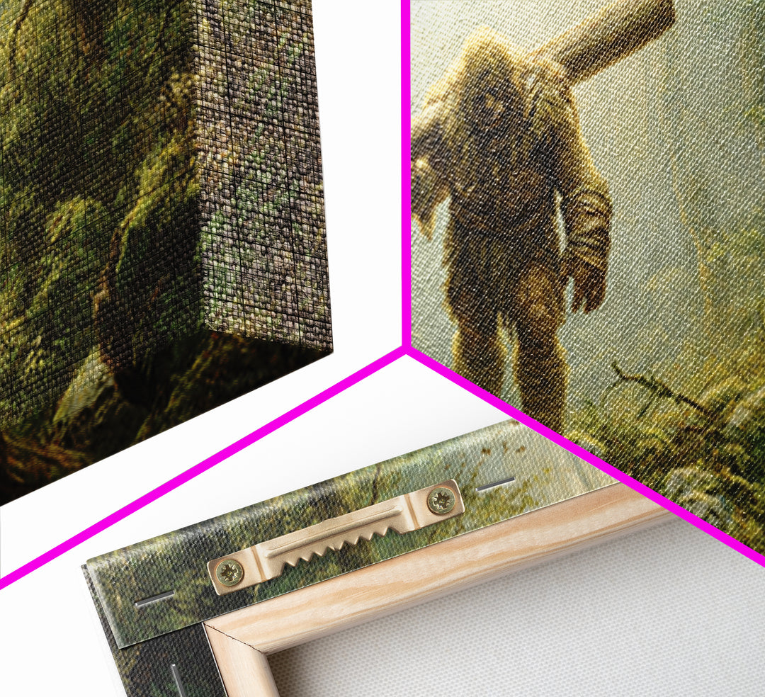 Bigfoot Carrying Log Through Mossy Forest Wall Art, Whimsical Wildlife Canvas Print, Cabin Decor, Fantasy Home Decor, Unique Gift