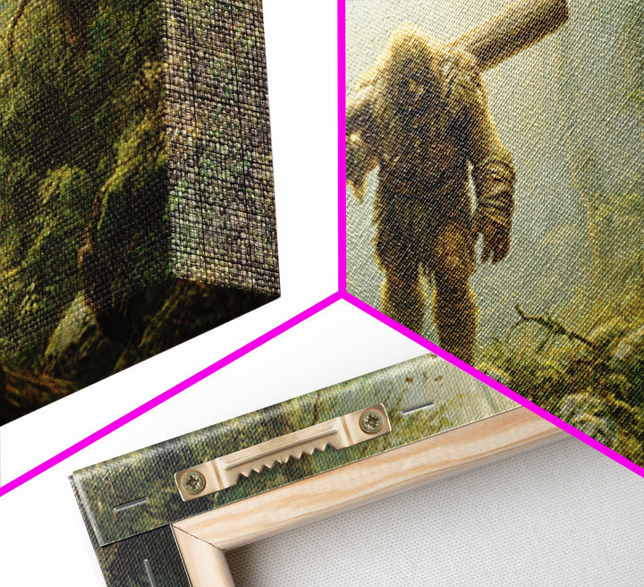 Bigfoot Carrying Log Through Mossy Forest Wall Art, Whimsical Wildlife Canvas Print, Cabin Decor, Fantasy Home Decor, Unique Gift