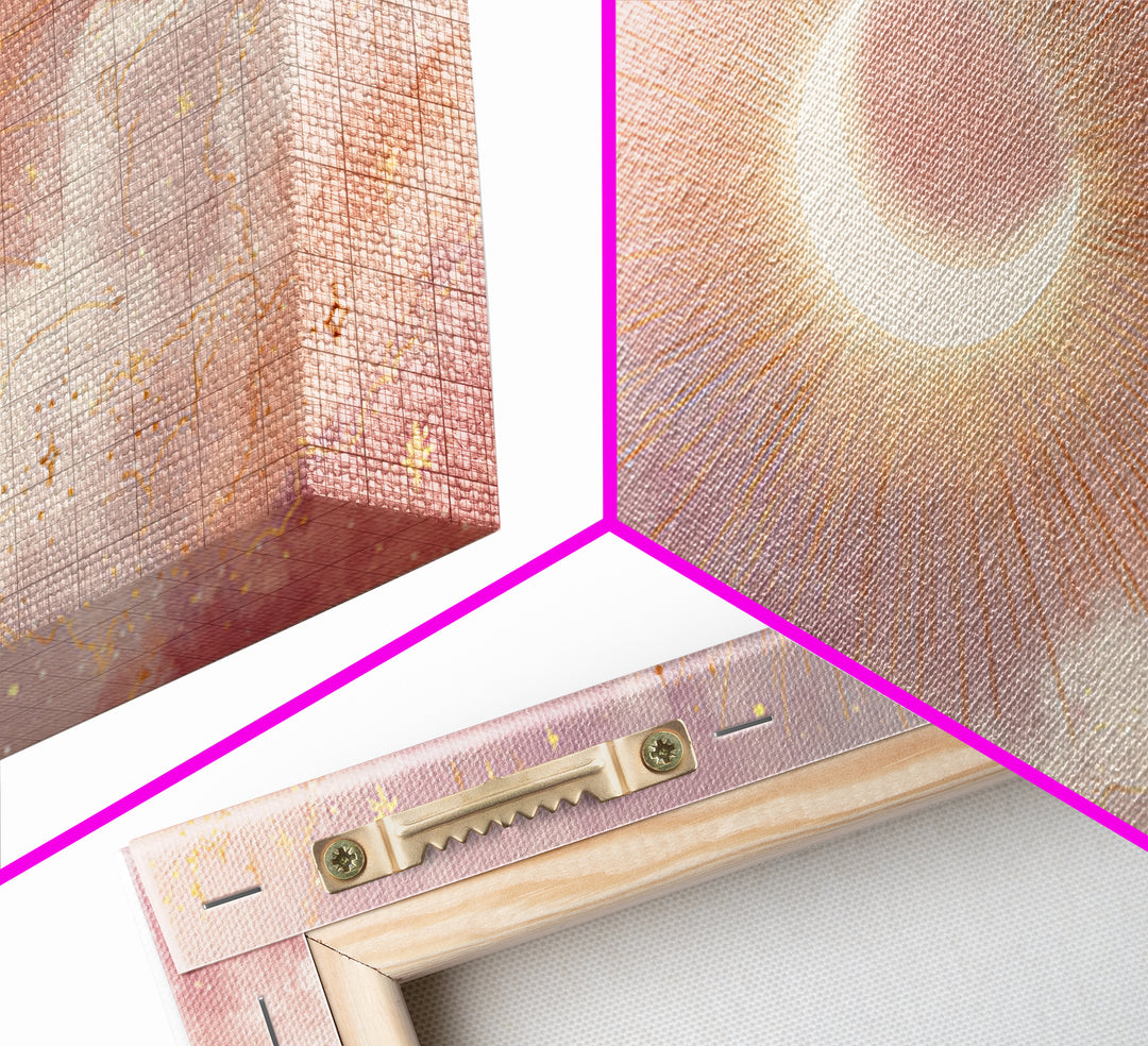 Glowing Solar Eclipse With Pink Clouds Wall Art, Celestial Canvas Print, Moon And Stars Decor, Dreamy Bedroom Decor Gift For Her