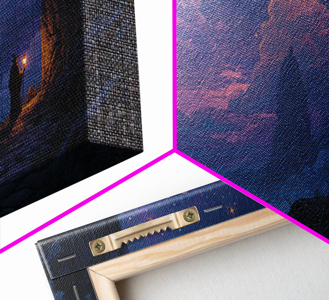 Starry Mountain Pass Canvas Print, Wizard Journey Wall Art, Fantasy Landscape Decor, Purple Night Sky Art Print For Bedroom
