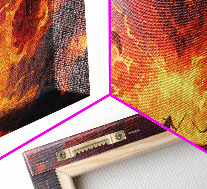 Fiery Demon Battle Scene Canvas Print, Dark Fantasy Wall Art, Dragon Artwork, Gothic Decor, Gaming Room Statement Art, Large Wall Art