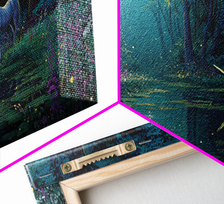 Moonlit Unicorn Forest Pond Wall Art, Enchanted Fantasy Landscape Canvas, Whimsical Nursery Decor, Magical Gift For Her Art