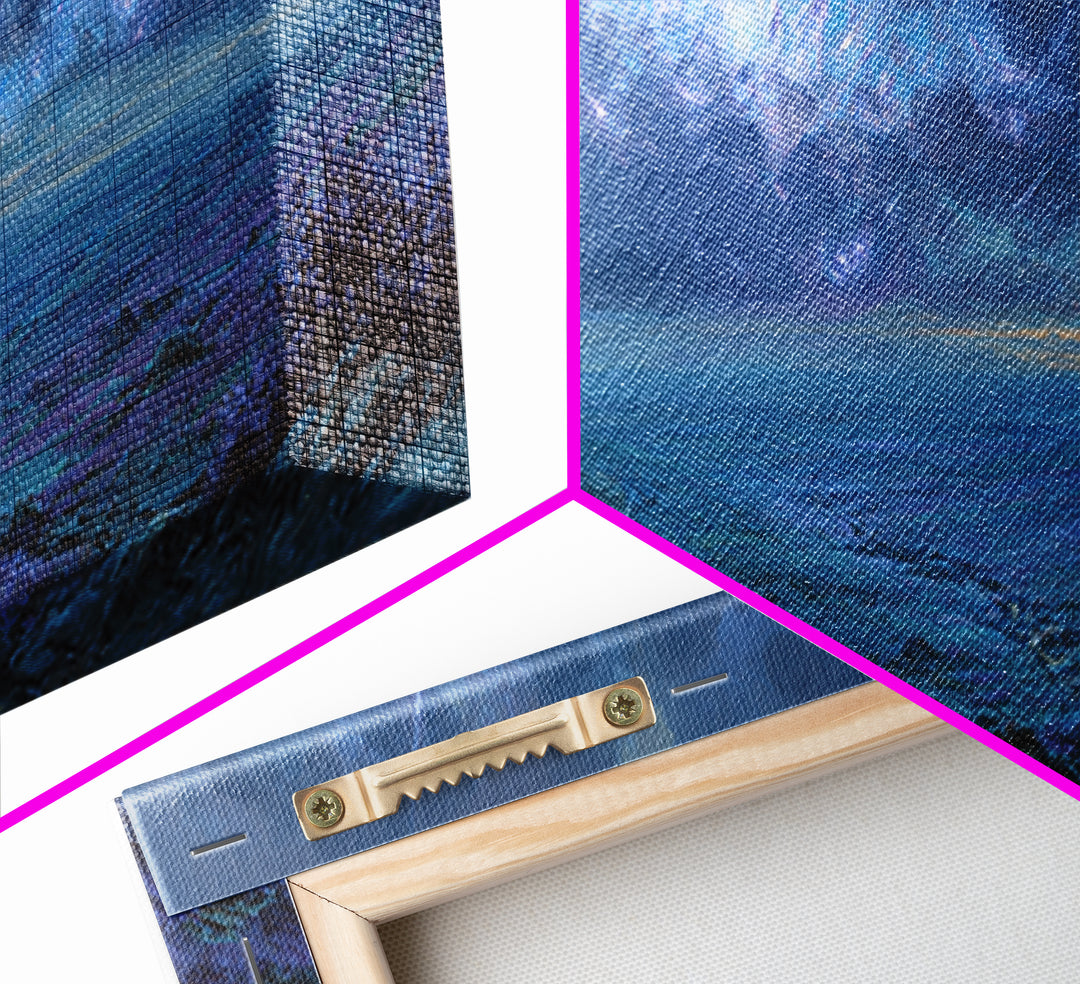 Cosmic Sorceress Under Meteor Sky Wall Art, Fantasy Landscape Canvas, Celestial Space Decor, Mystical Blue Home Decor Gift
