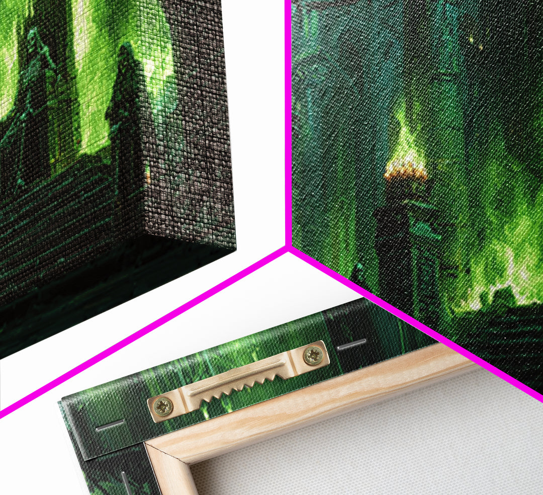 Emerald Gothic Throne Room With Skeletons Canvas Print, Dark Fantasy Art, Moody Wall Decor, Surreal Statement Art For Living Room