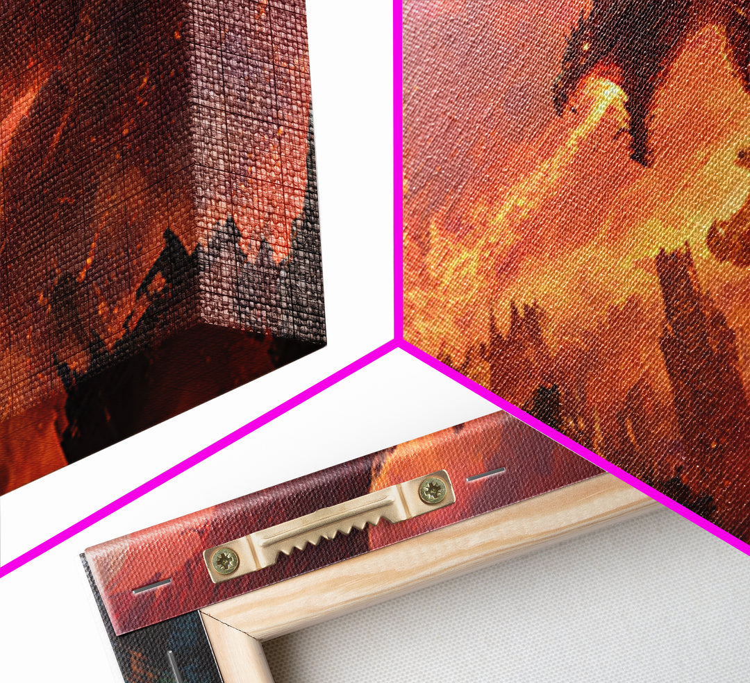 Fire Breathing Dragon Over Ruined City Canvas Print, Dark Fantasy Wall Art, Apocalyptic Decor, Gaming Room Statement Art